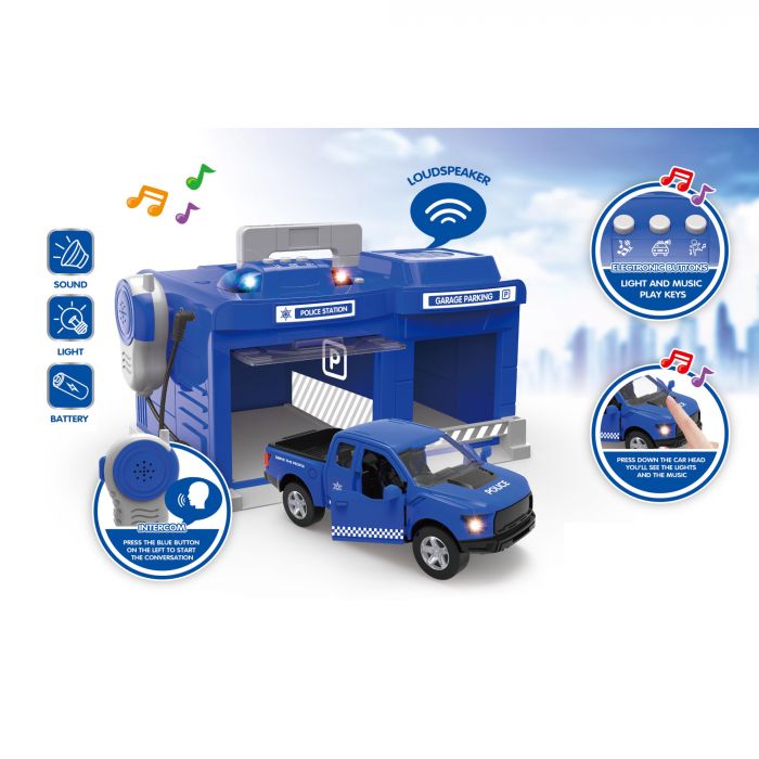 Дитяча іграшка гараж з металевою поліцейською машинкою, зі світлом і звуком CLM-556 CHENGMEI TOYS