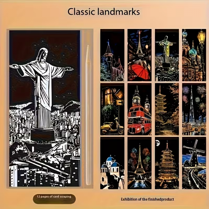 Арт терапія скретч малюнки набір 12 шт (4562) scratch notes скретчбук, антистрес царапка