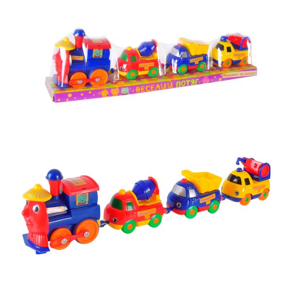 Дитяча іграшка веселий потяг, паровозик, локомотив (3972) та 3 машинки, під слюдою Дитяча іграшка веселий потяг, паровозик, локомотив (3972) та 3 машинки, під слюдою