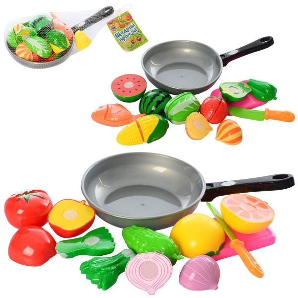 Дитяча іграшка продукти що розрізаються на липучці, сковорідка, ніж, 2 види (овочі/фрукти), 7013C, сітка, 20-12-6см