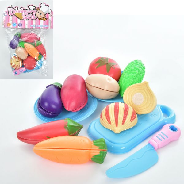 Дитяча іграшка продукти що розрізаються на липучці, дощечка, ніж, тарілки, овочі 8 шт, 992-2, кульок, 21-31-6 см