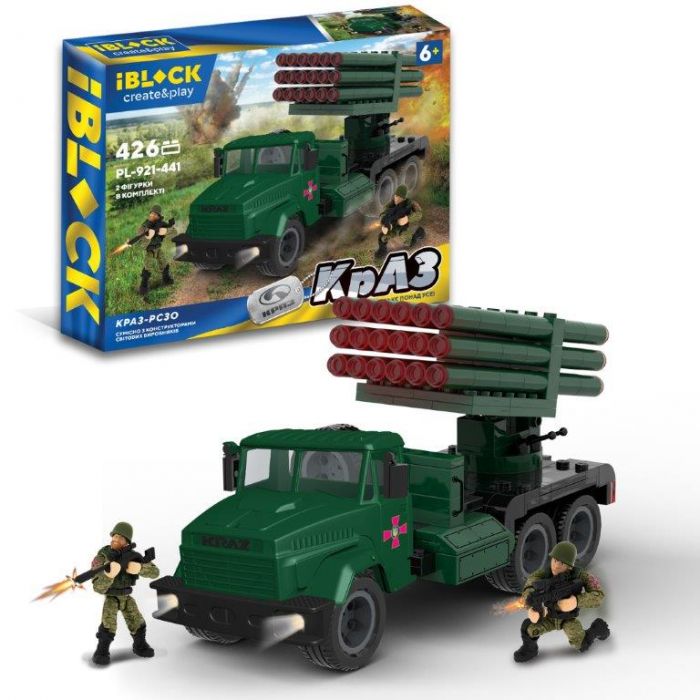 Дитяча іграшка конструктор військовий КрАЗ РСЗО IBLOCK PL-921-441 АРМІЯ 426 деталей, 2 фігурки
