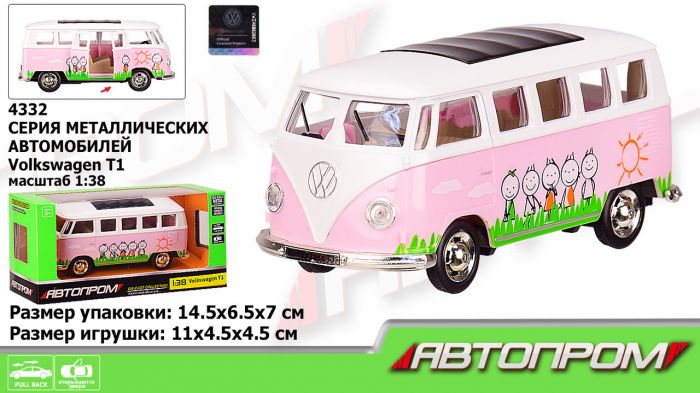 Дитяча іграшка автобус метал. Volkswagen T1, 1:38, АВТОПРОМ 4332 рожевий колір