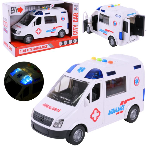 Дитяча іграшка машинка швидка допомога ZY221A фрикційний механізм, світло, звук, відео в описі 