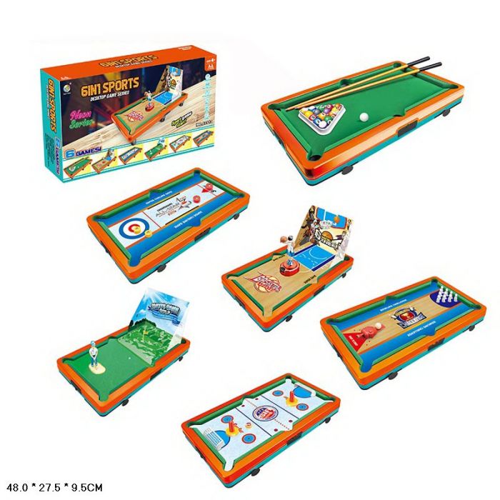 Дитяча настільна гра 6 в 1, більярд, боулінг, керлінг, баскетбол, гольф, аерохокей, S2113