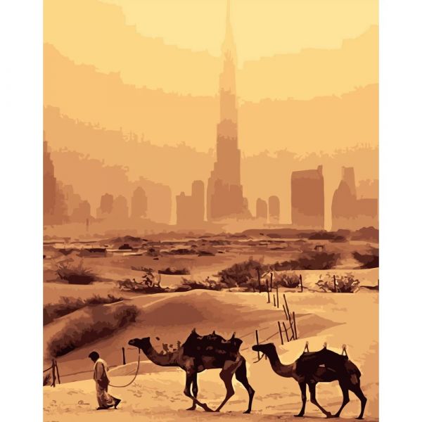 Живопис розпис картина за номерами Верблюди на фоні Дубаї розміром 40х50 см (DY069) без лаку