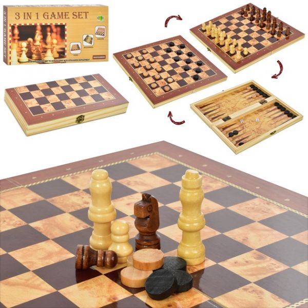 Настільна гра шахи XQ630-17 дерев'яні 3в1 шашки нарди