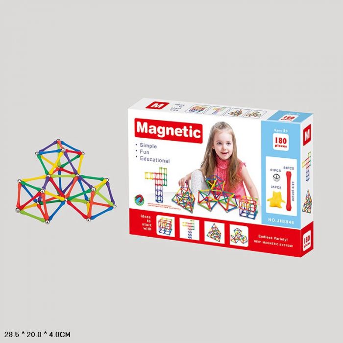 Дитяча іграшка конструктор магнітний Magnetic JH8946, 180 деталей, серія: паличка + кулька, в кор., 28,5*20*4см