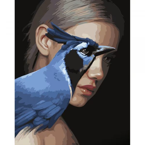 Живопис розпис картина за номерами Дівчина та синій птах  розміром 40х50 см GS1264 без лаку